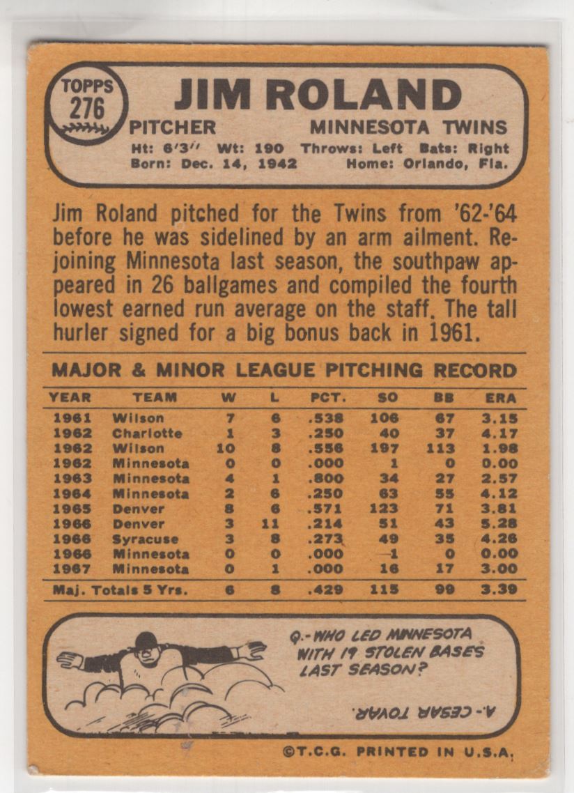 1968 Topps Jim Roland #276 card back image