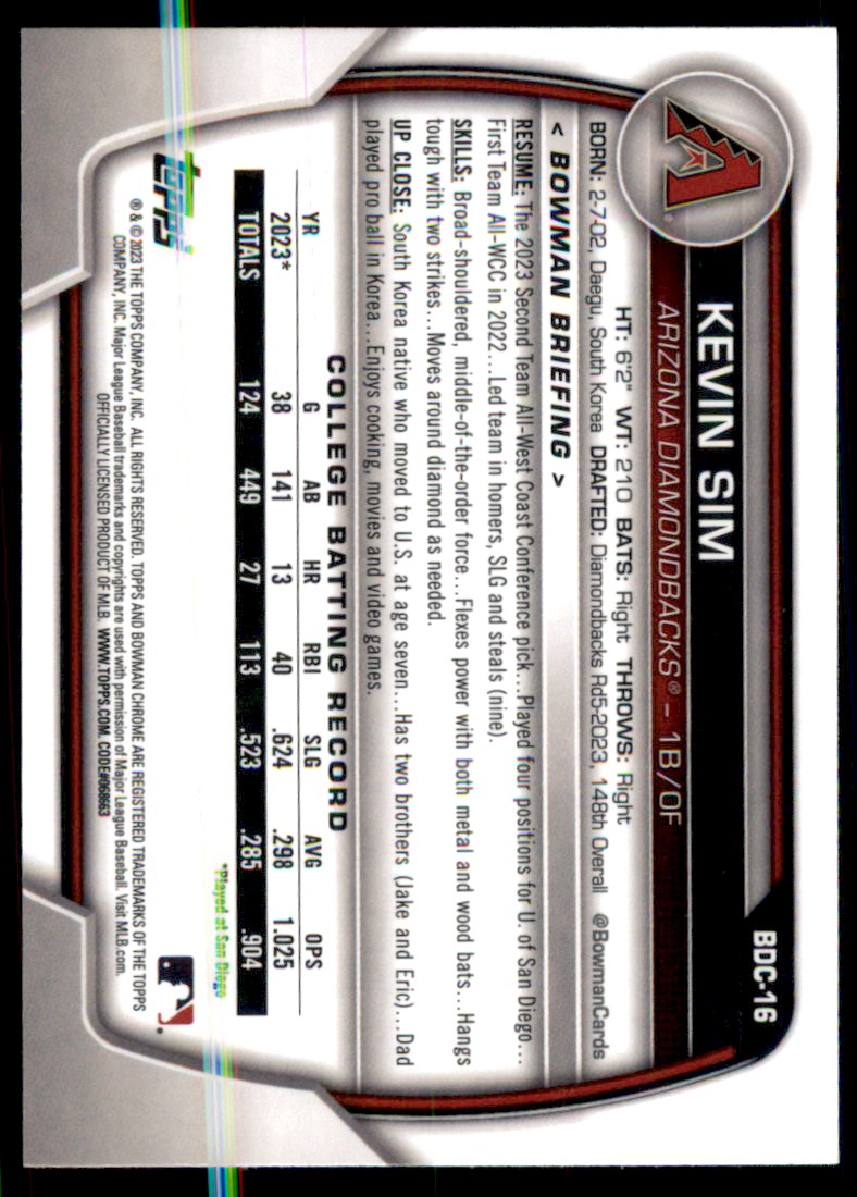 2023 Bowman Chrome Draft Fuschia Lunar Refractors Kevin Sim #BDC-16 card back image