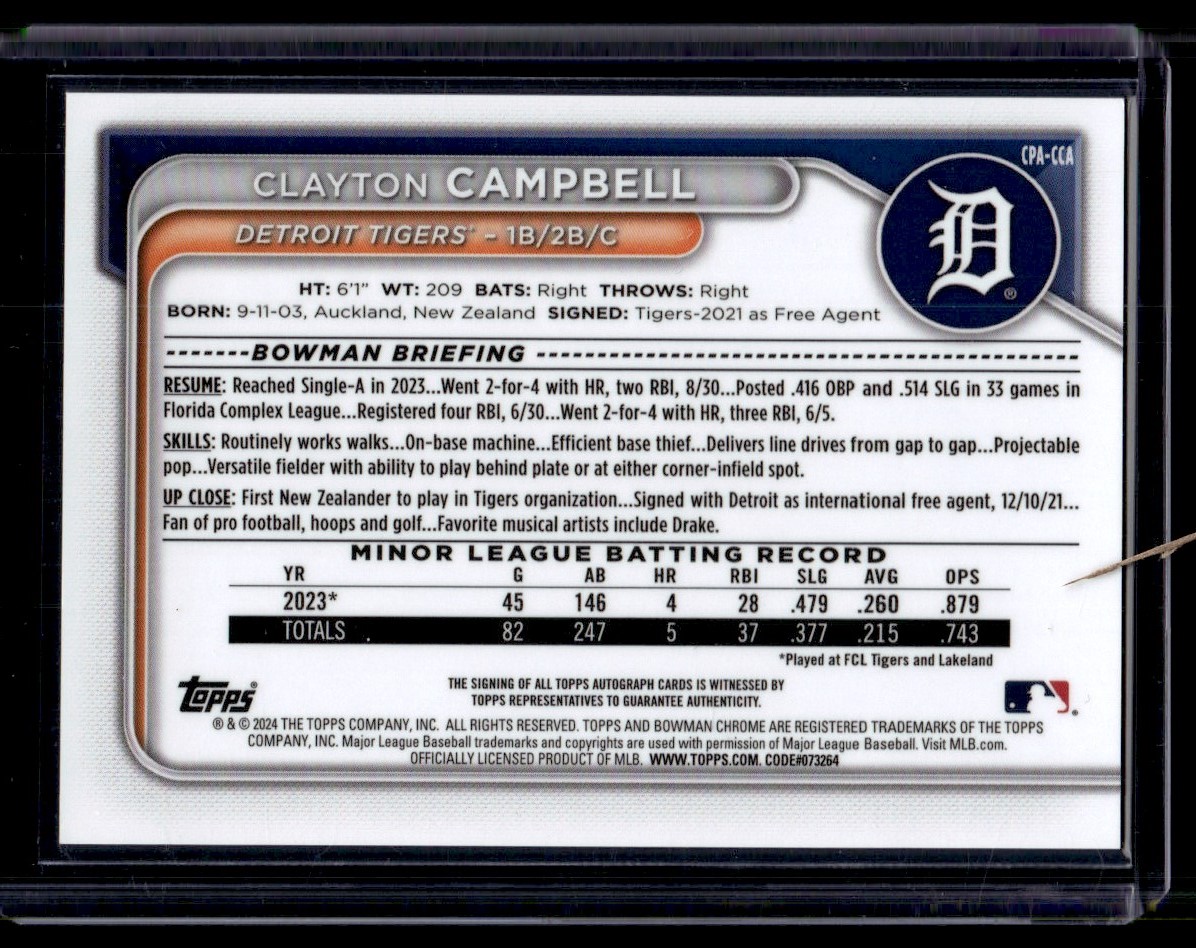 2024 Bowman Chrome Auto Clayton Campbell #CPA-CCA card back image