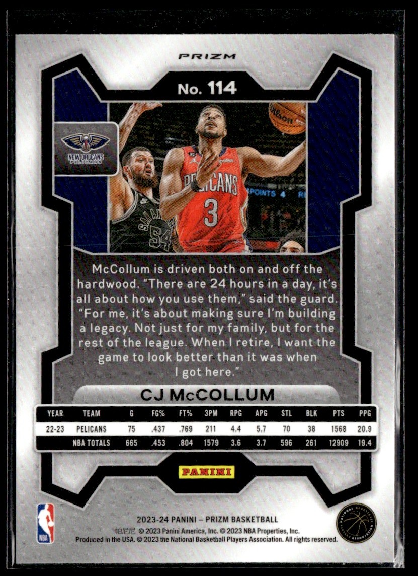 2023-24 Panini Prizm Pink Ice CJ McCollum #114 card back image