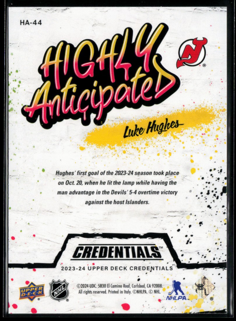 2023-24 Upper Deck Credentials Highly Anticipated Luke Hughes #HA-44 card back image