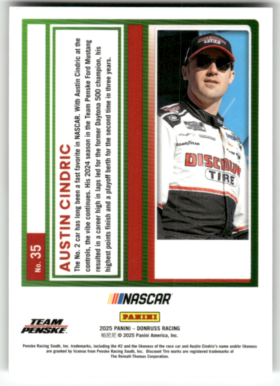 2025 Donruss NASCAR Optic AUSTIN CINDRIC #35 card back image