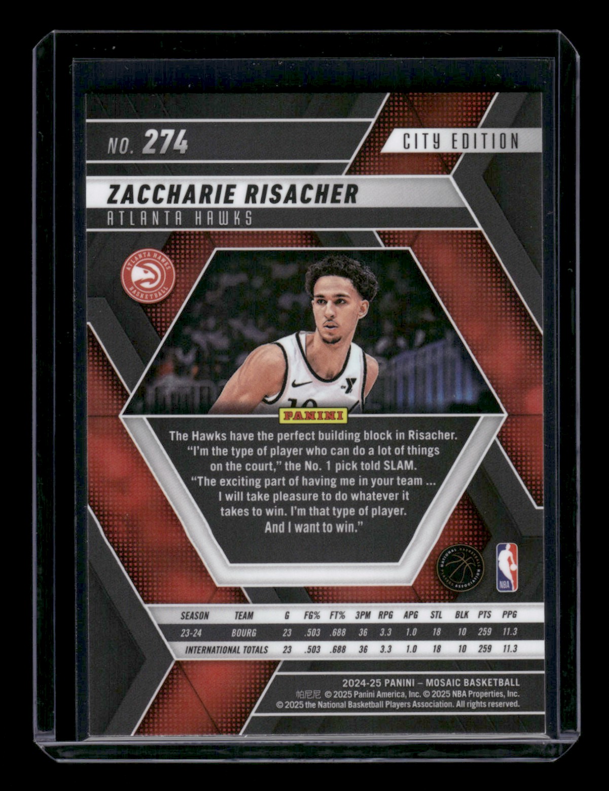 2024-25 Panini Mosaic Zaccharie Risacher #274 card back image