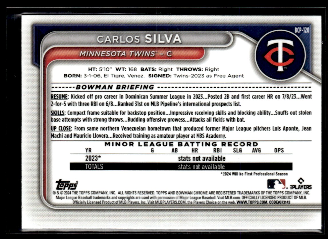 2024 Bowman Chrome Prospects Carlos Silva #BCP-120 card back image