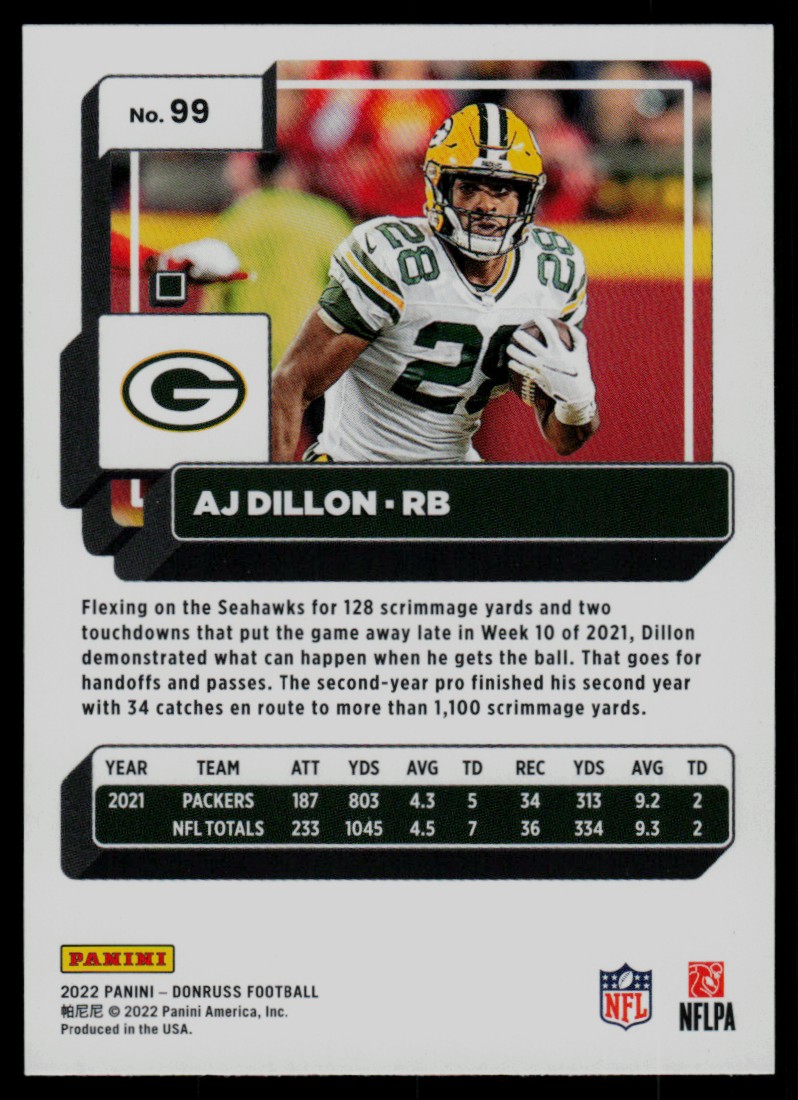 2022 Donruss AJ Dillon #99 card back image