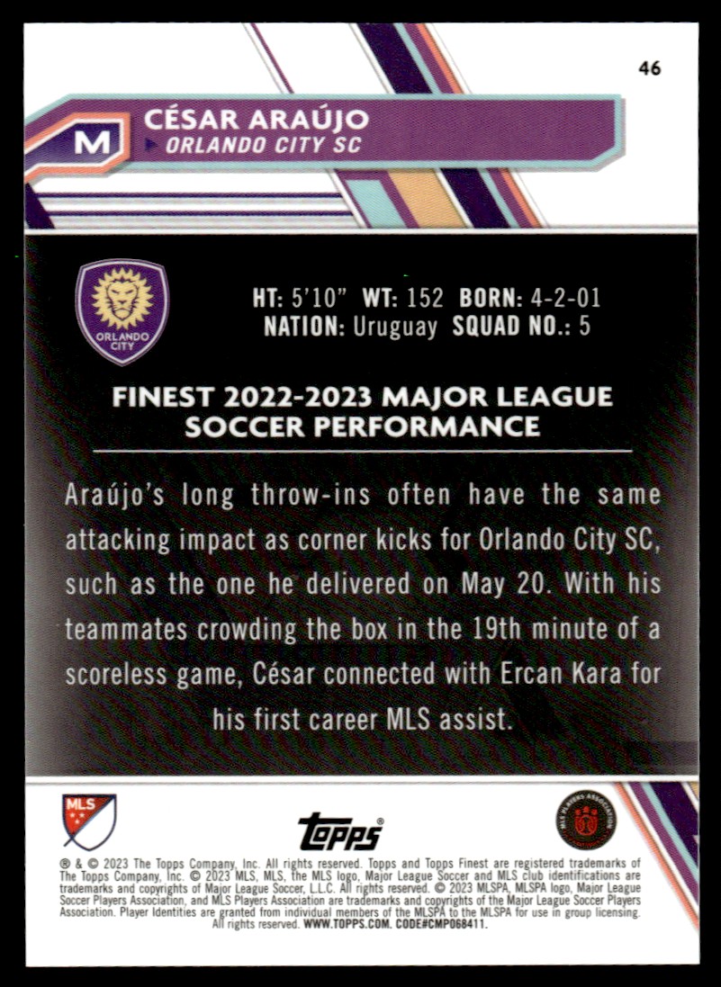 2023 Topps Finest MLS Blue Refractor Cesar Araujo RC #46 card back image