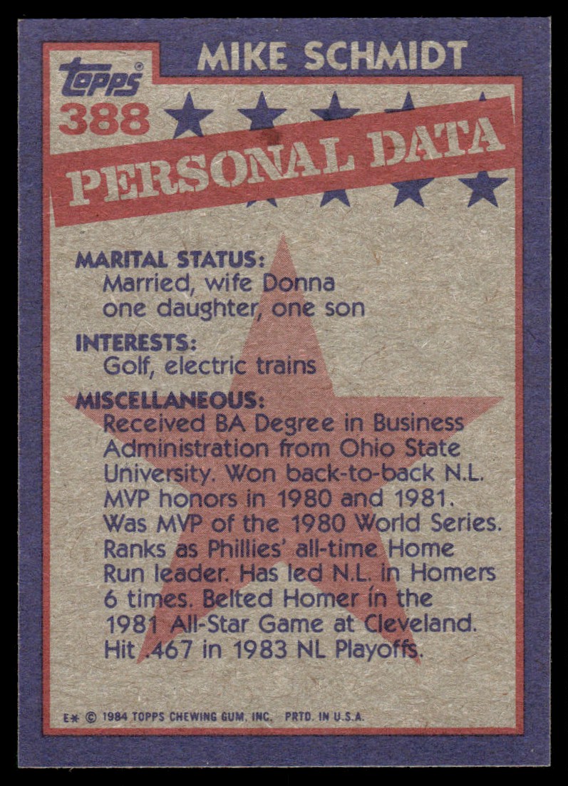 1984 Topps Mike Schmidt #388 card back image