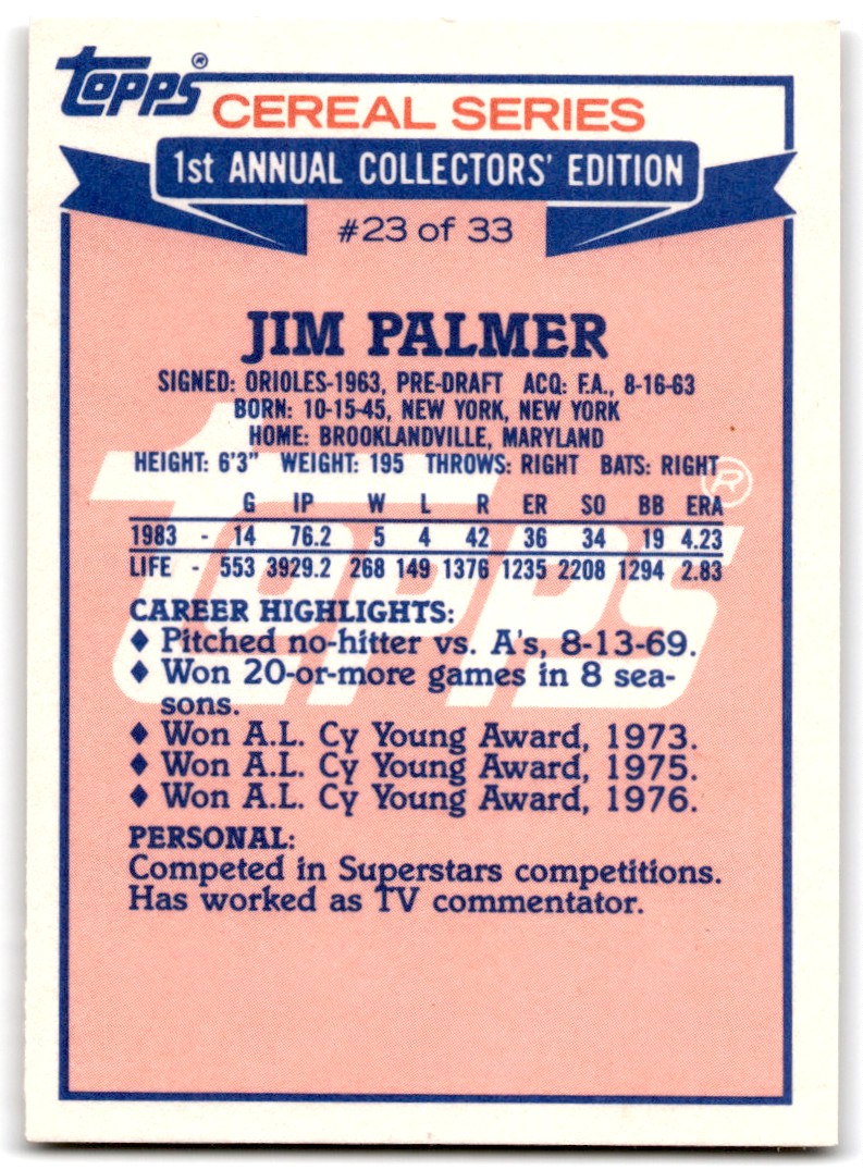 1984 Topps Cereal Series Jim Palmer Baltimore Orioles #23 | eBay
