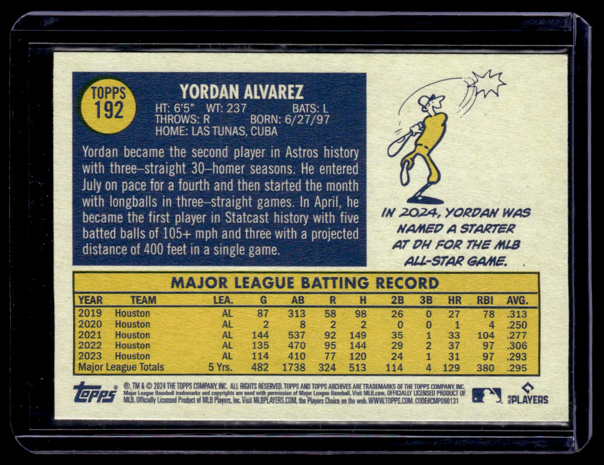 2024 Topps Archives Yordan Alvarez #192 card back image