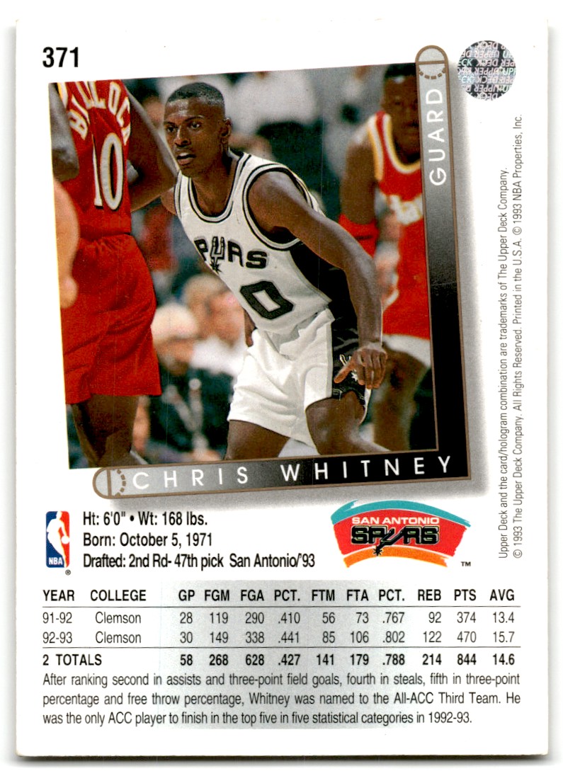 1993-94 Upper Deck Chris Whitney #371 card back image