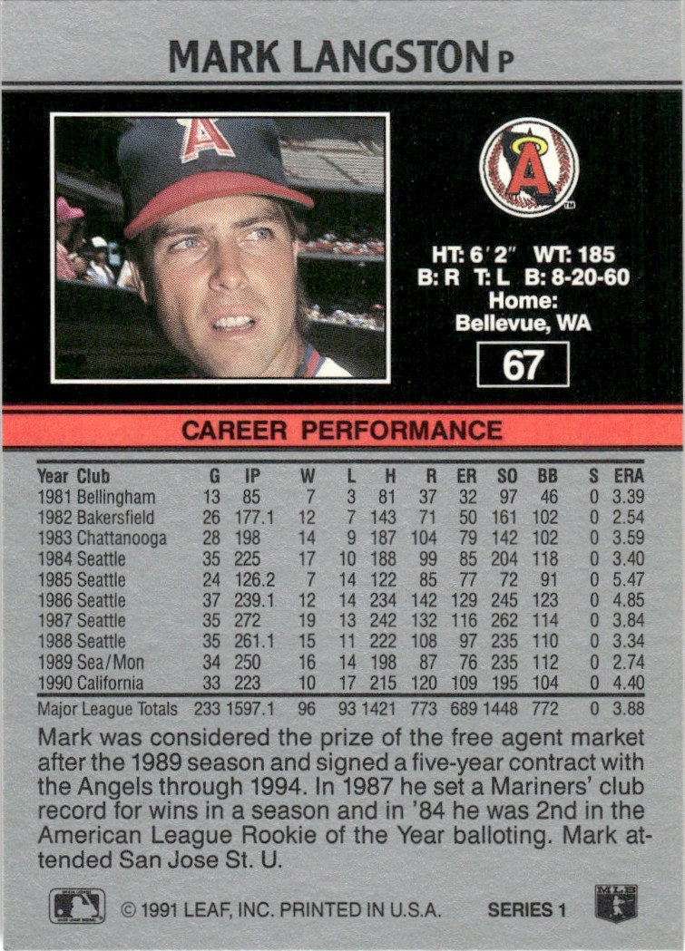 1990 Leaf Major League MLB Baseball Mark Langston #67 card back image