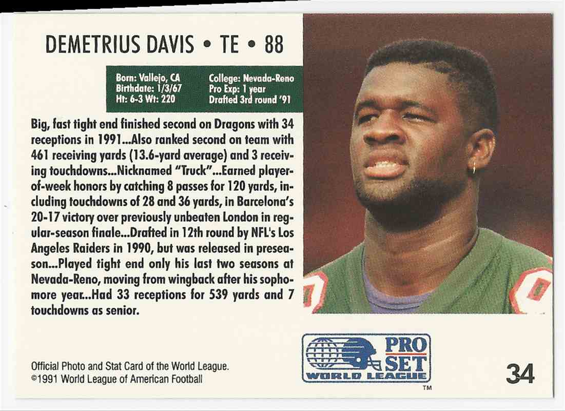 1991 Pro Set World League Of American Football Demetrius Davis #34 on  Kronozio