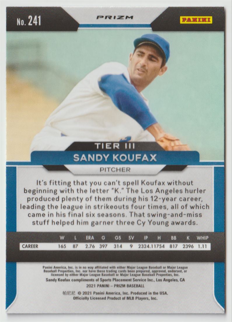 2021 Panini Prizm Red, White, and Blue Sandy Koufax #241 card back image