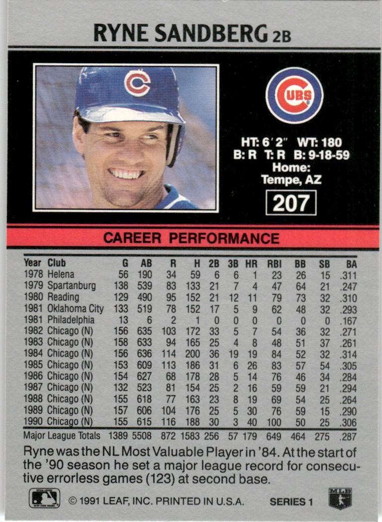 1991 Leaf Major League MLB Baseball Ryne Sandberg #207 card back image