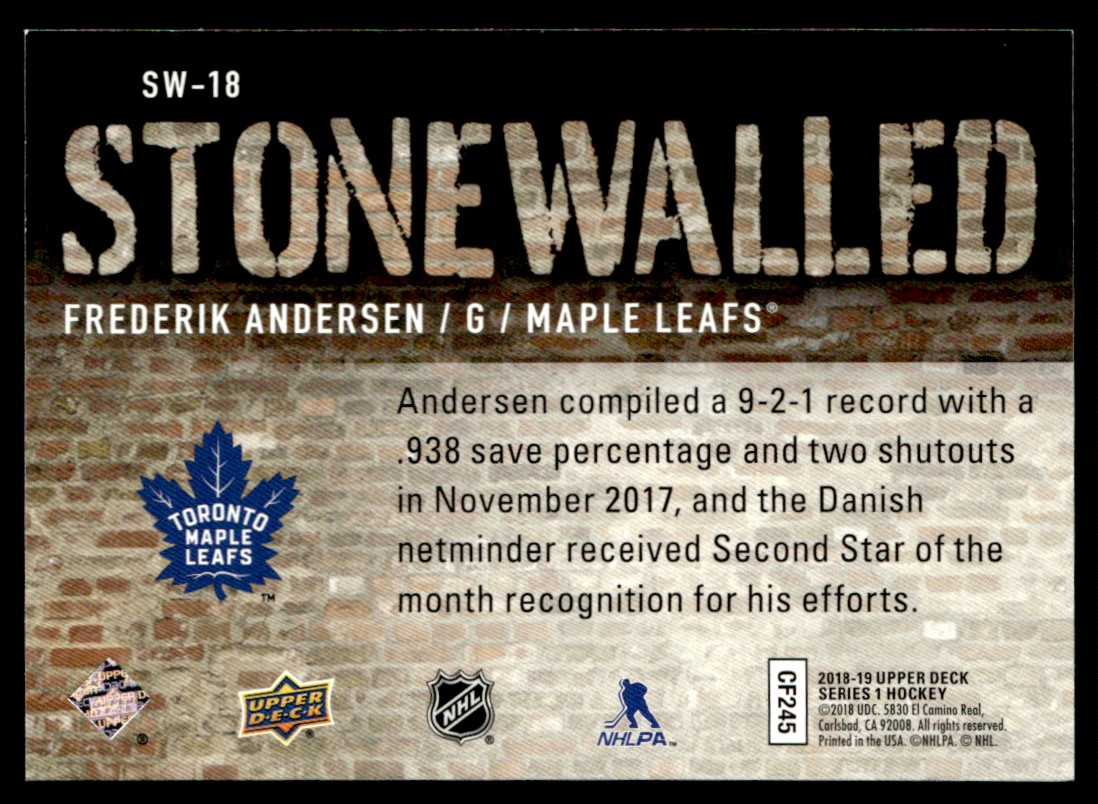 2018-19 Upper Deck Stonewalled Frederik Andersen #SW-18 card back image