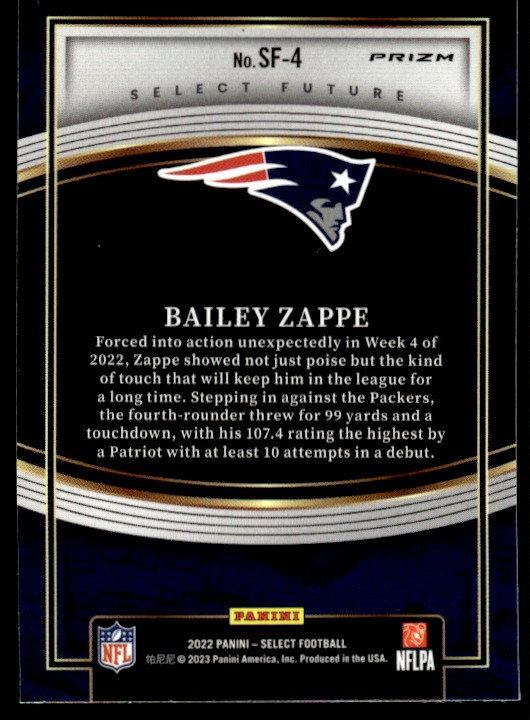 2022 Panini Select Future Zebra Bailey Zappe #SF-4 card back image