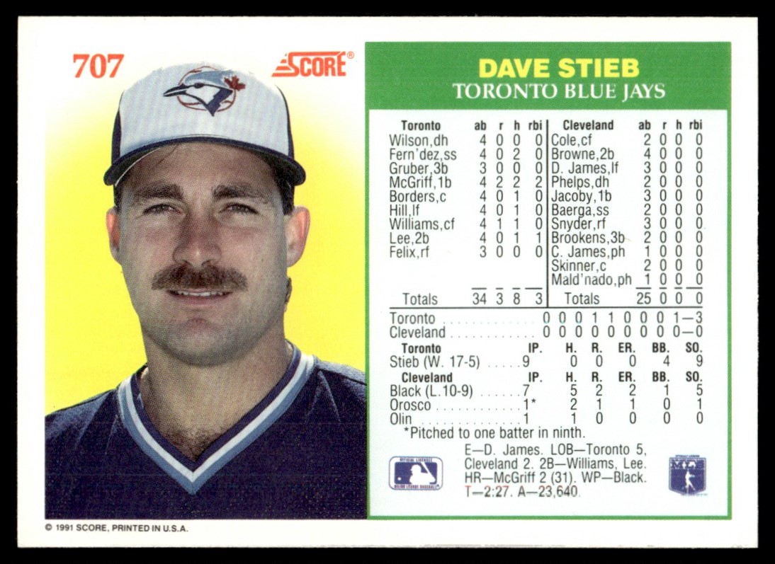 1991 Score No-Hit Club #707 Dave Stieb Toronto Blue Jays | eBay