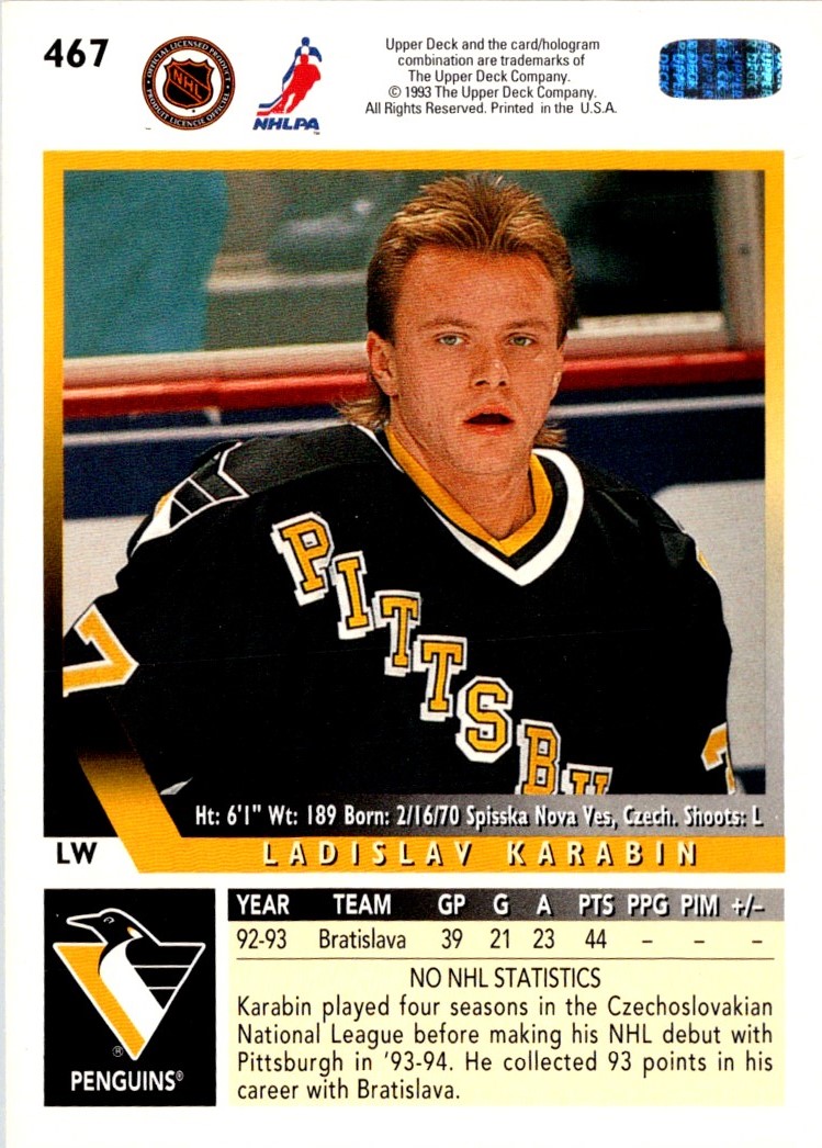 1993-94 Upper Deck Ladislav Karabin #467 card back image