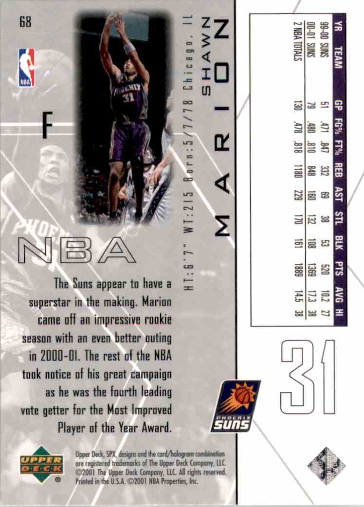 2001-02 SPx Shawn Marion #68 card back image