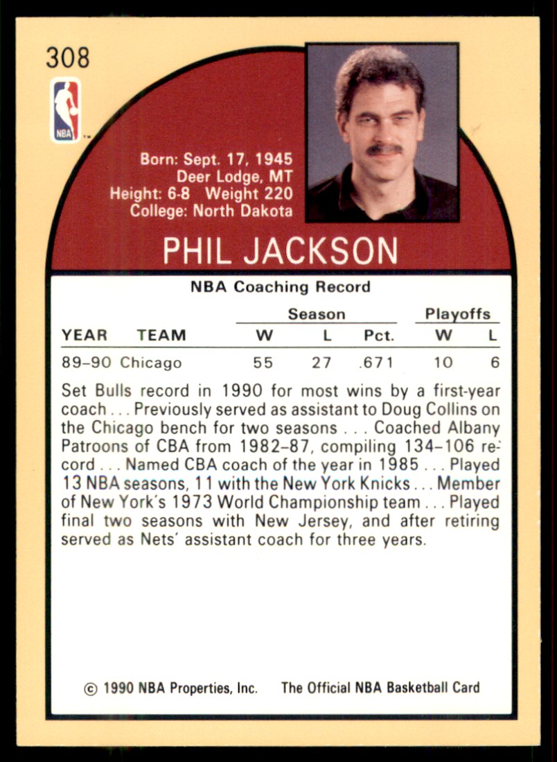 1990-91 Hoops Phil Jackson #308 card back image