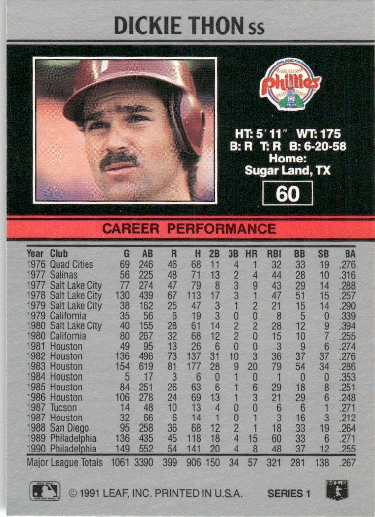 1991 Leaf Major League MLB Baseball Dickie Thon #60 card back image
