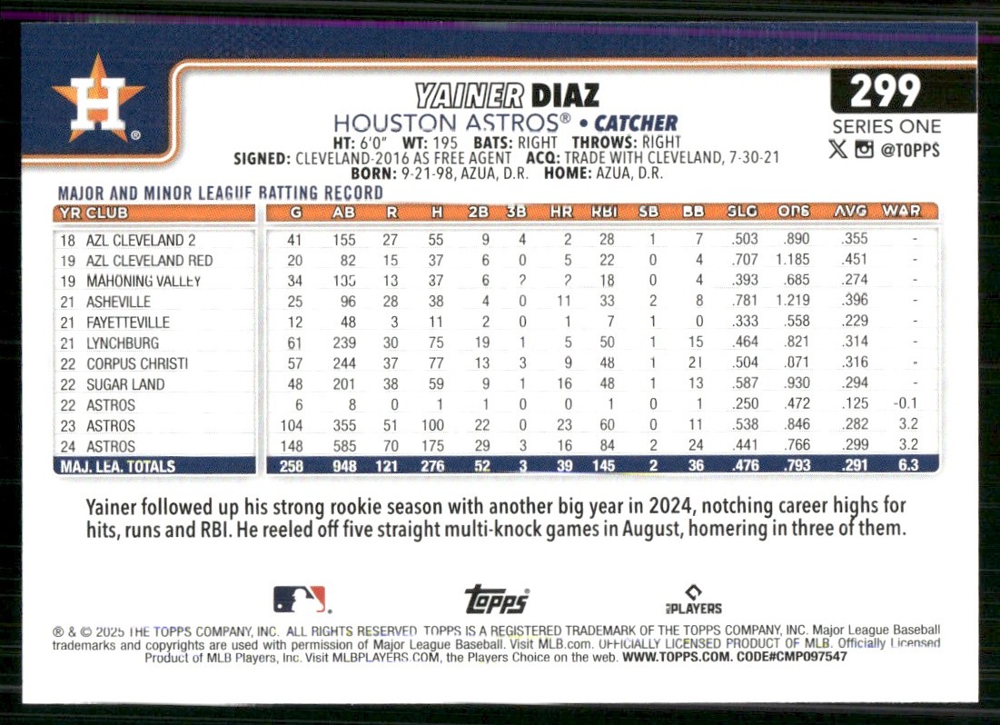2025 Topps Yainer Diaz #299 card back image