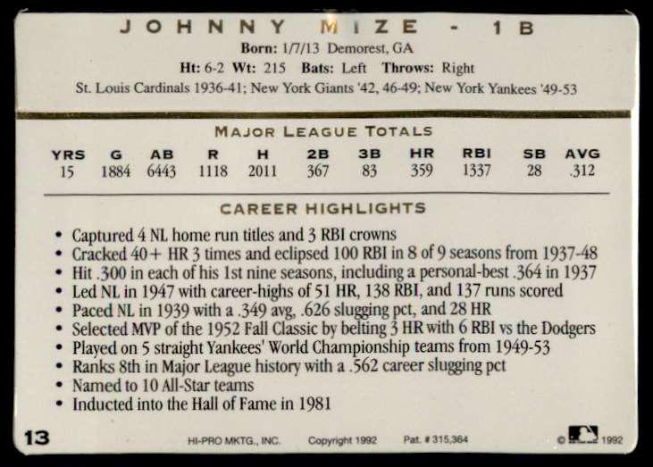 1992 Action Packed Johnny Mize #13 card back image