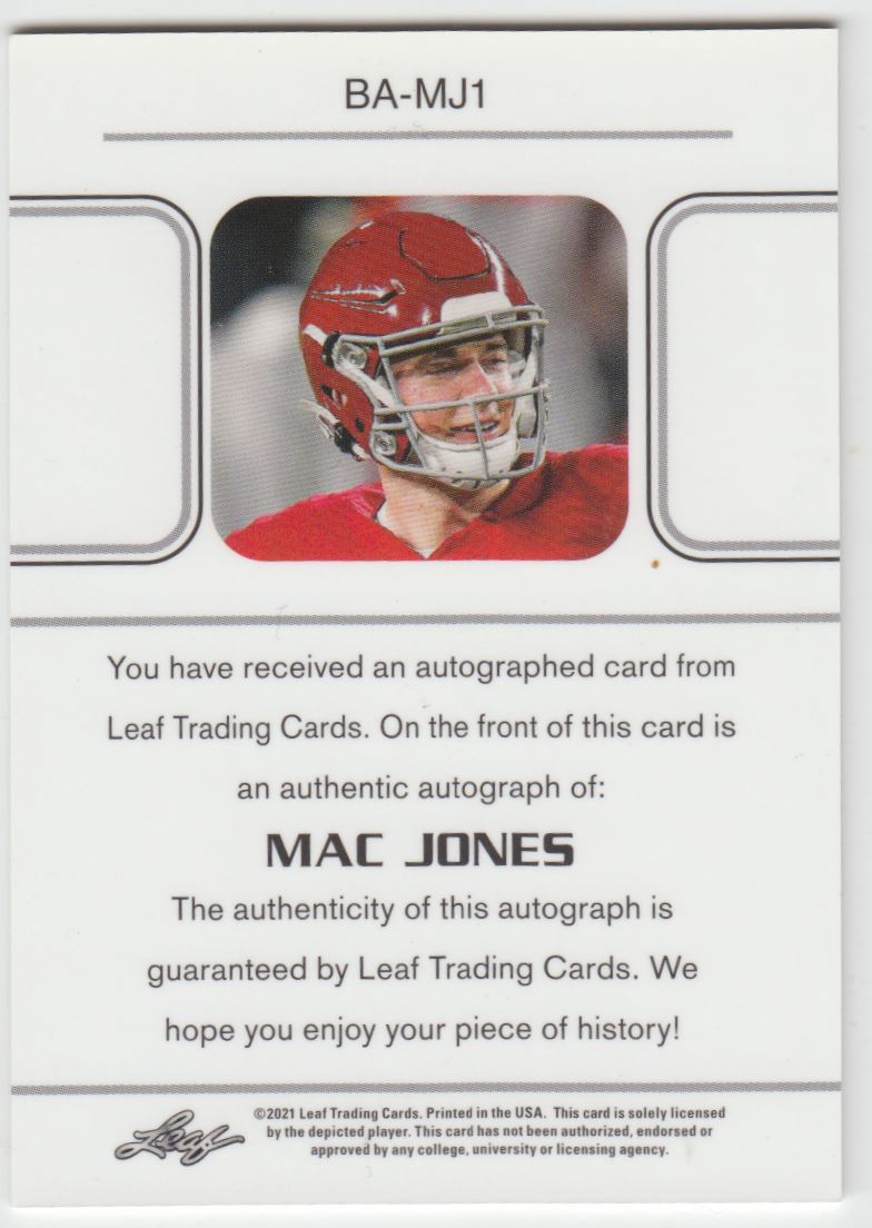 2021 Leaf Mac Jones #BA-MJ1 card back image