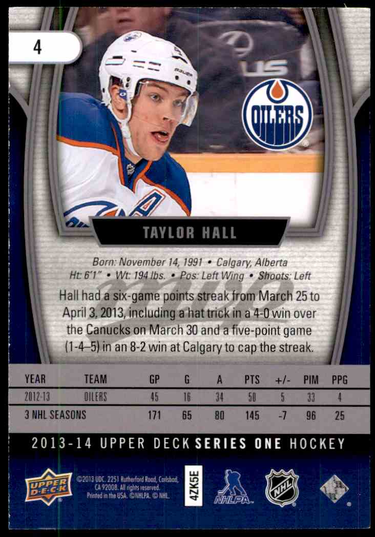 2013-14 Upper Deck Series One Oversize MVP Taylor Hall #4 card back image