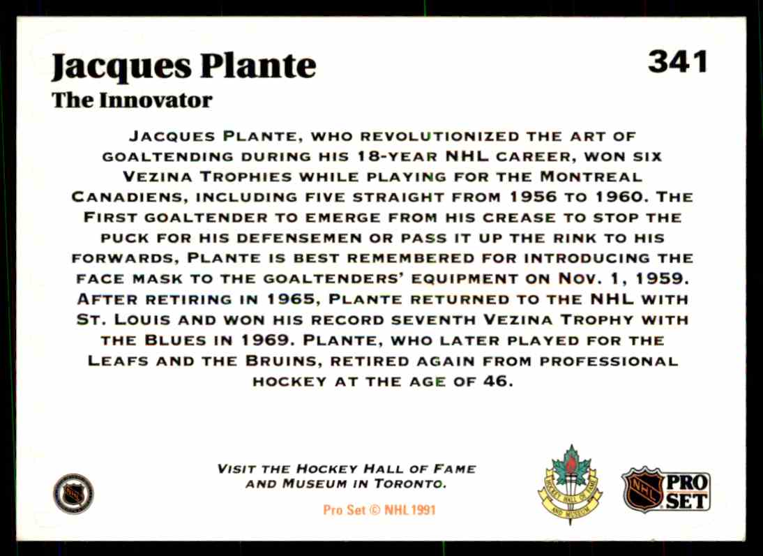 1991-92 Pro Set Inc. Pro Set Jacques Plante #341 card back image