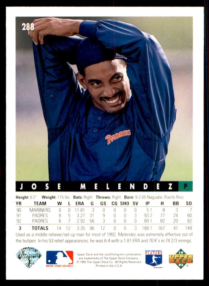 UPPERDECK トレーディングカード　53/100 1993 Upper Deck: Jose Melendez Baseball Cards #288 | eBay