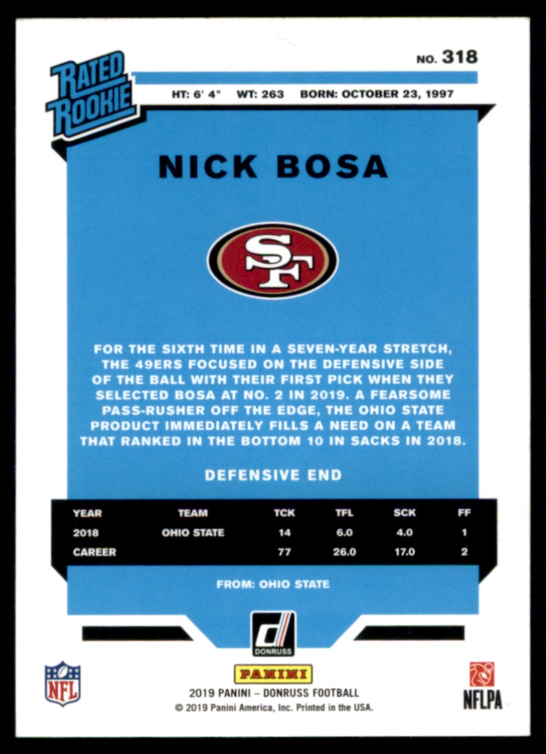 2019 Donruss Press Proof Blue Nick Bosa #318 card back image