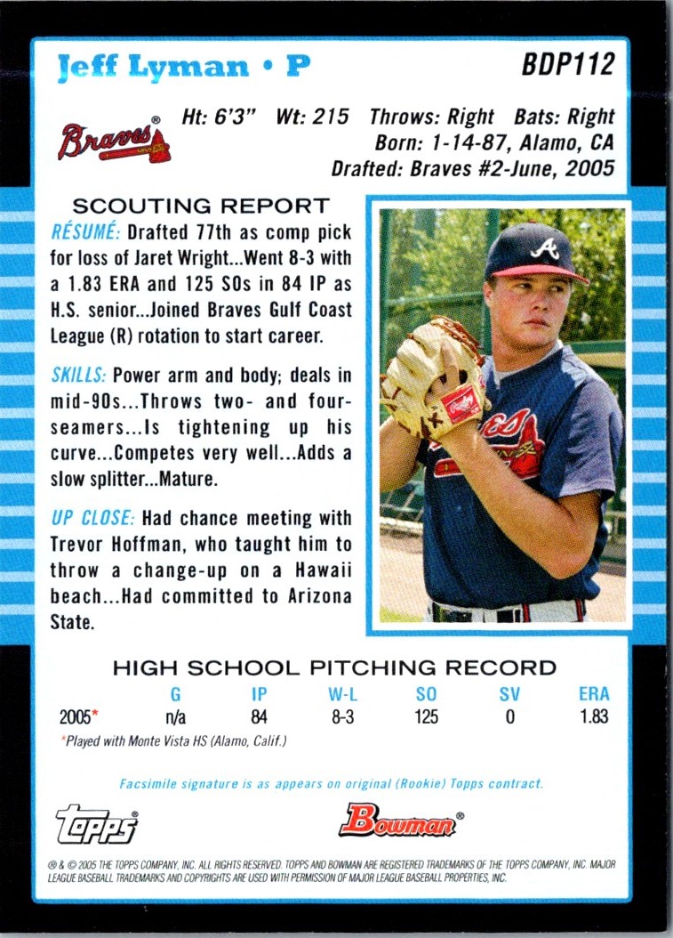 2005 Bowman Chrome Draft Picks & Prospects Jeff Lyman #BDP112 card back image