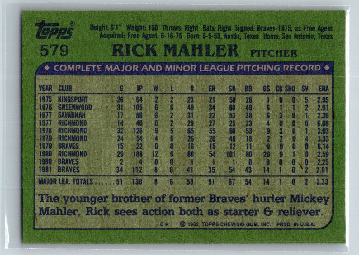 1982 Topps Rick Mahler #579 card back image
