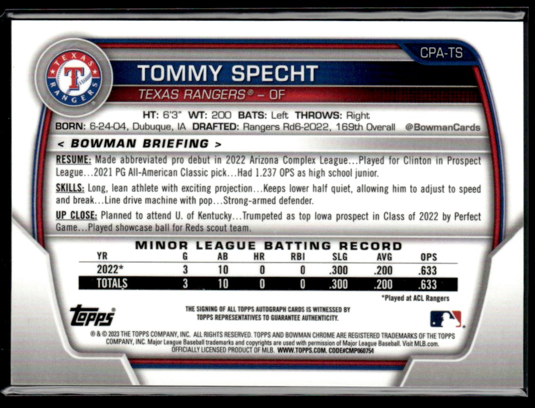 2023 Bowman Chrome Prospect Autographs Tommy Specht #CPA-TS card back image