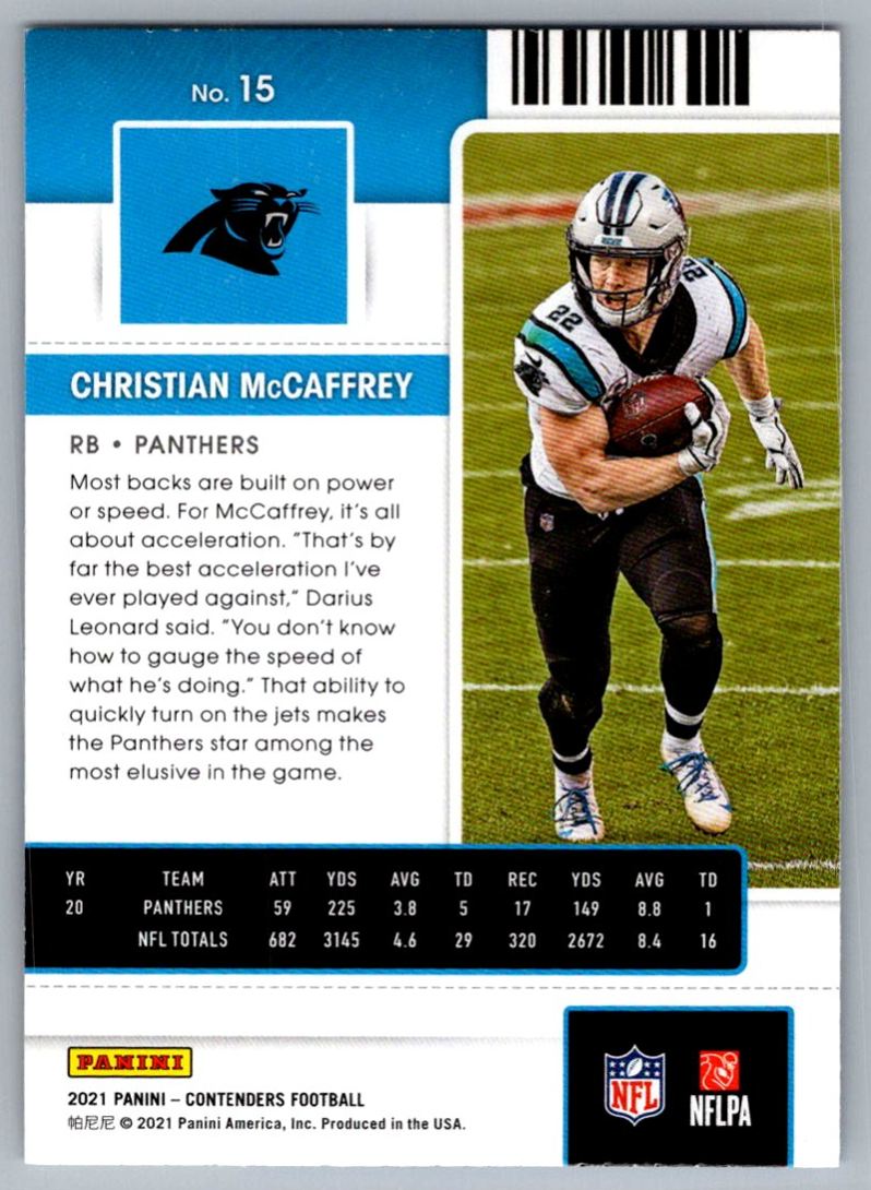 2021 Panini Contenders Ticket Christian McCaffrey #15 card back image