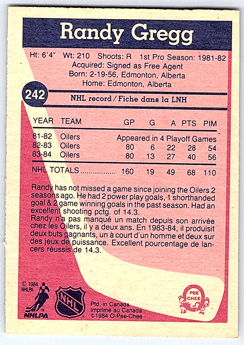 1984-85 O-Pee-Chee ! Randy Gregg #242 card back image