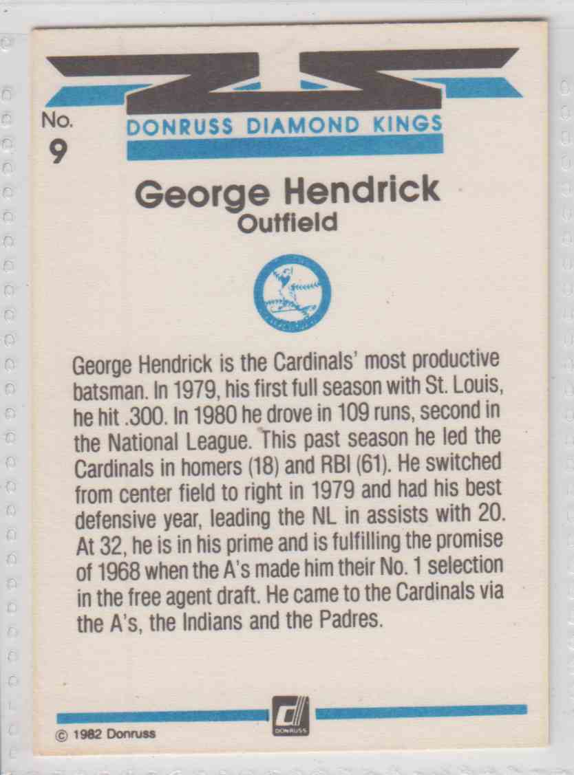 1982 donruss George Hendrick #9 card back image