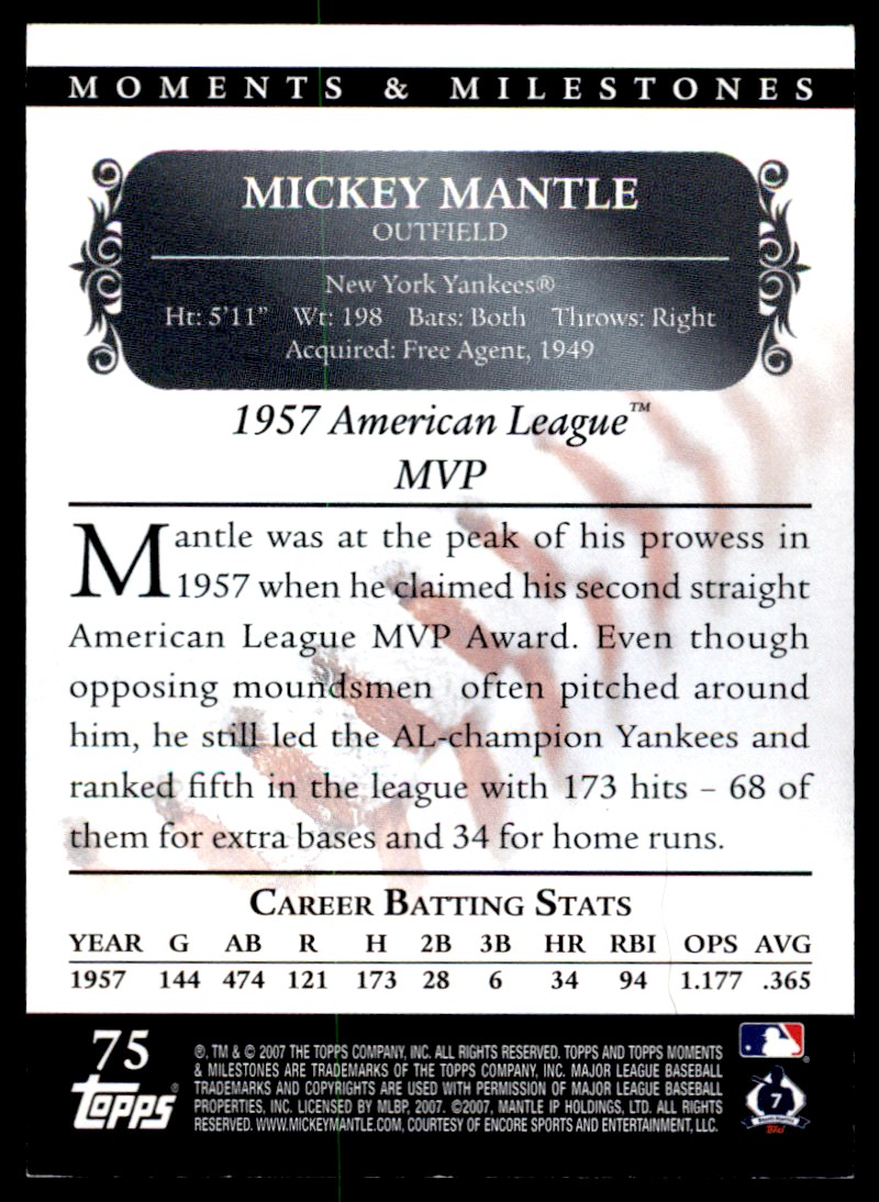 2007 Topps Moments & Milestones Mickey Mantle #75 card back image
