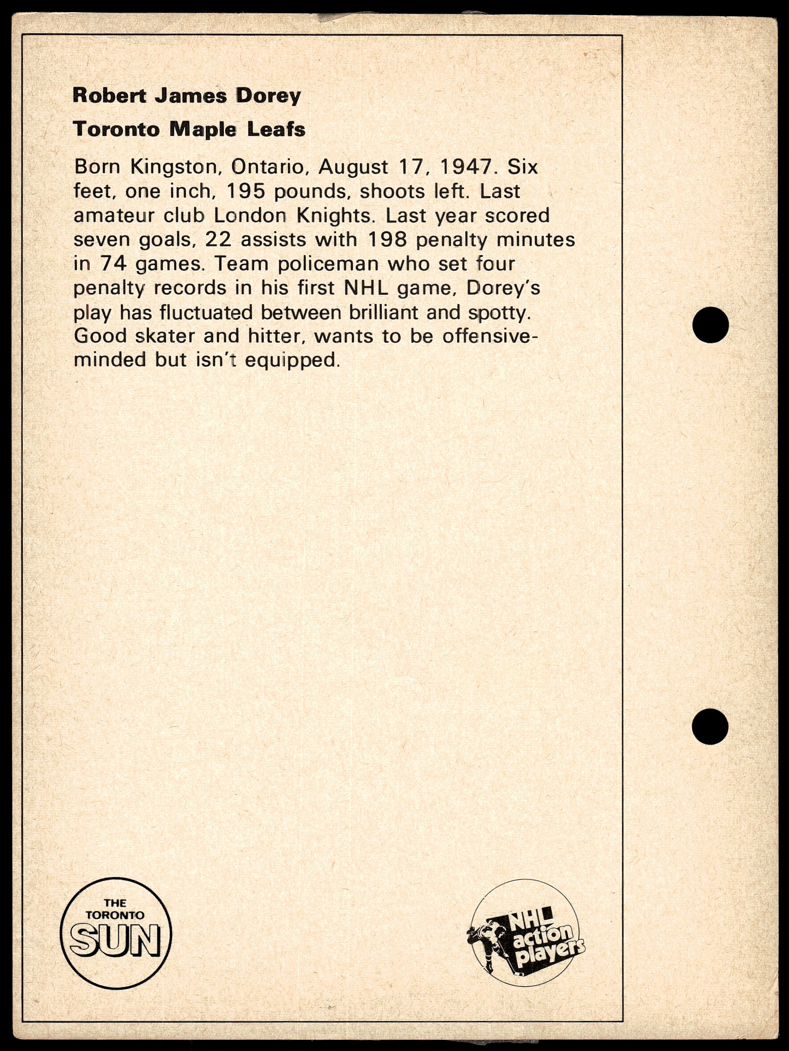 1971-72 Toronto Sun NHL Action Players Jim Dorey card back image