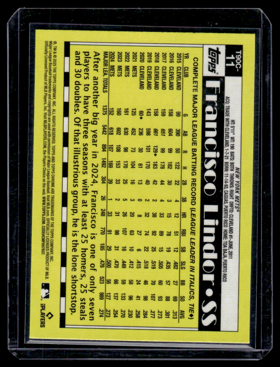 2025 Topps Chrome 1990 35th Anniversary Francisco Lindor #11 card back image