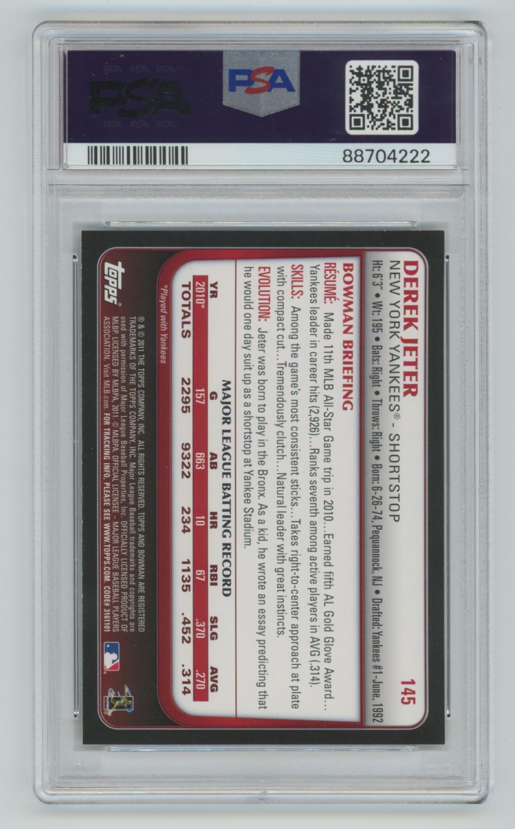 2011 Bowman Derek Jeter #145 card back image