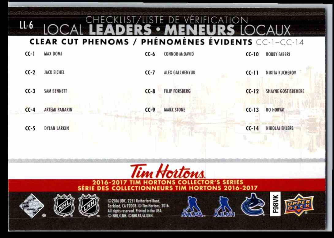 2016-17 Upper Deck Tim Hortons Local Leaders Henrik Sedin #LL6 card back image