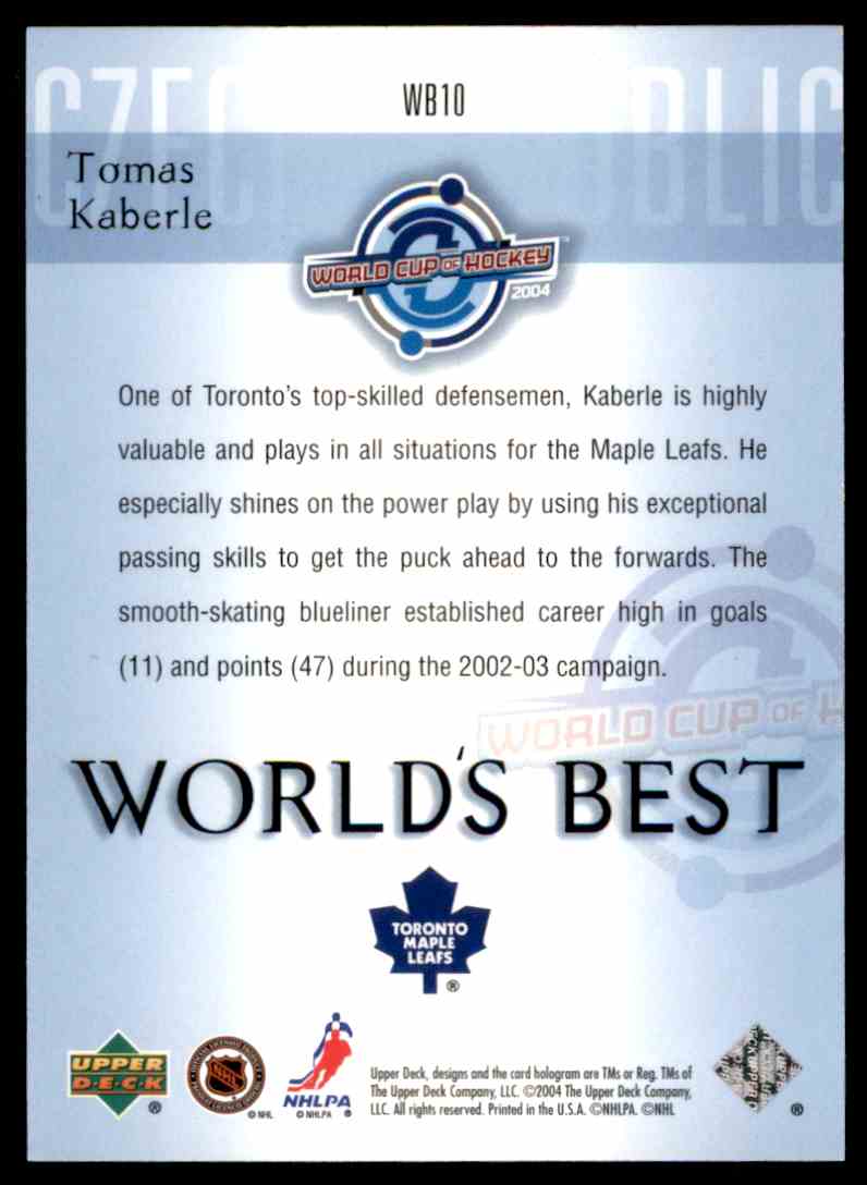 2004-05 Upper Deck World's Best Tomas Kaberle #WB10 card back image