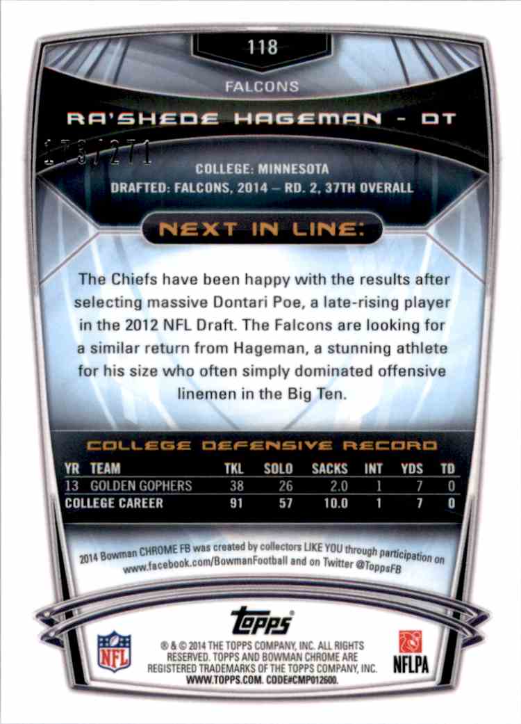 2014 Bowman Chrome Pulsar Refractors Football Cards Ra'Shede Hageman #118 card back image