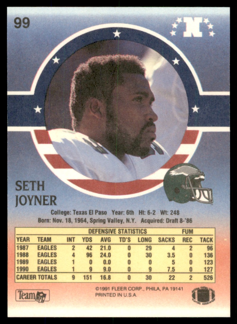 1991 Fleer Stars and Stripes Seth Joyner Philadelphia Eagles #99 - Picture 2 of 2