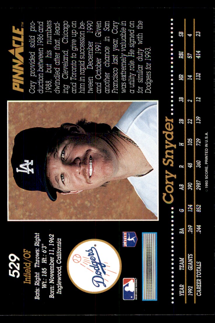 1993 Pinnacle Cory Snyder Los Angeles Dodgers #529 | eBay