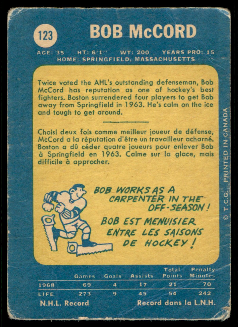 1969-70 O-Pee-Chee Bob McCord #123 card back image