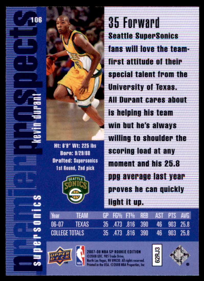 2007-08 SP Rookie Edition Kevin Durant #106 card back image