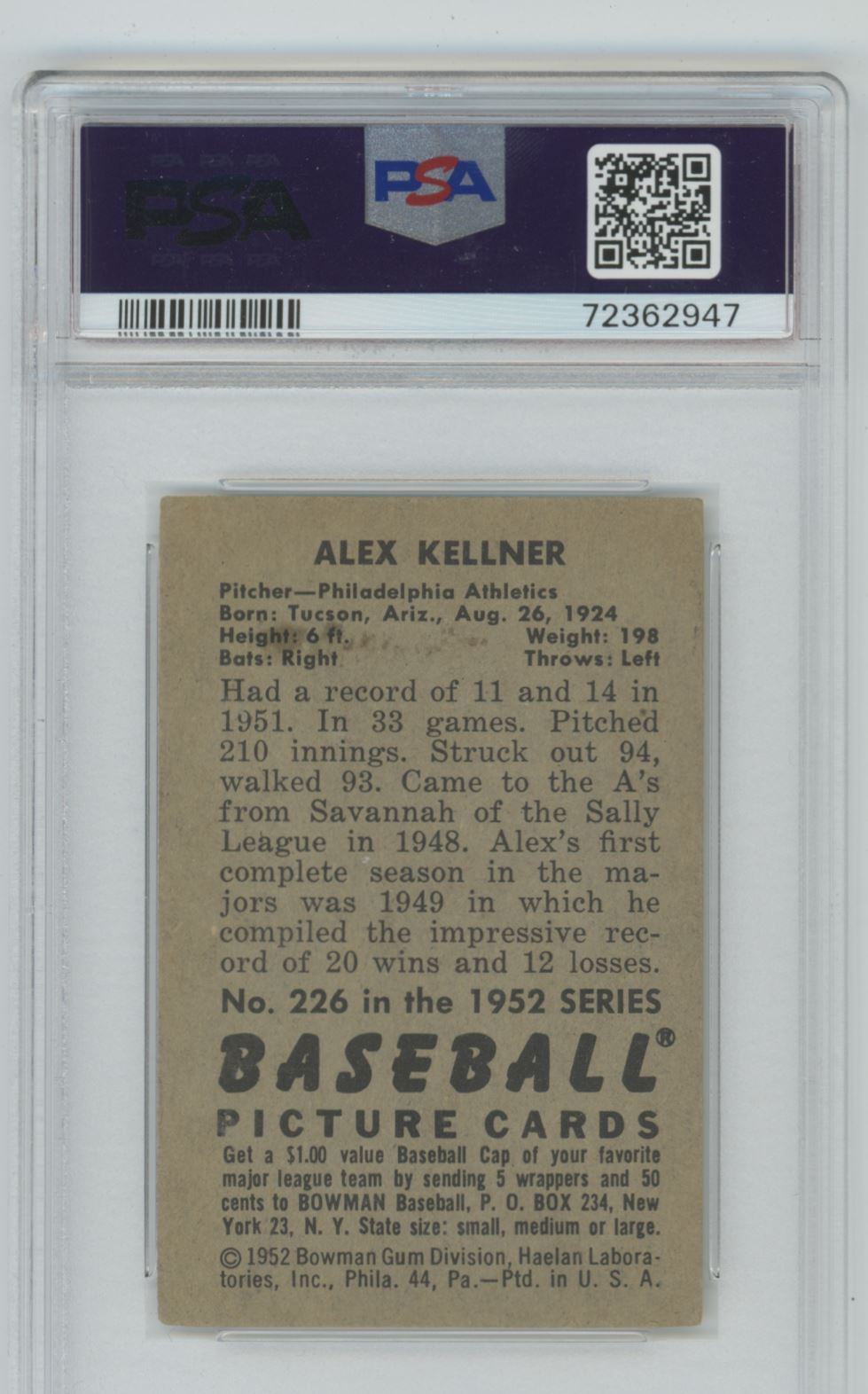 1952 Bowman Alex Kellner #226 card back image